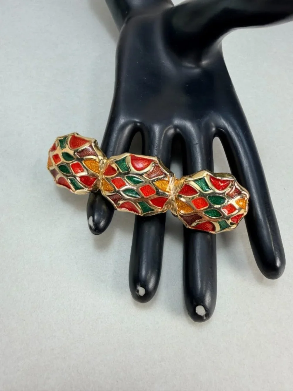 Vintage Cloisonné Enamel Triple Panel Hair Barrette Gold Tone Hair Clip